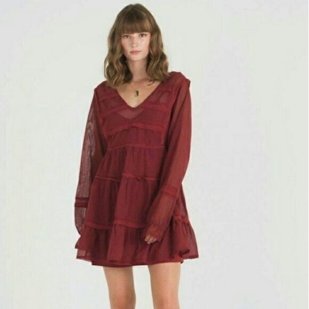 Free People Berlin Mesh Mini Dress Burgundy Lace Trim Tiered Babydoll Large